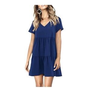 Baby Doll V-neck Tired Blue Dress Women Size Medium Lightweight Short Sleeve